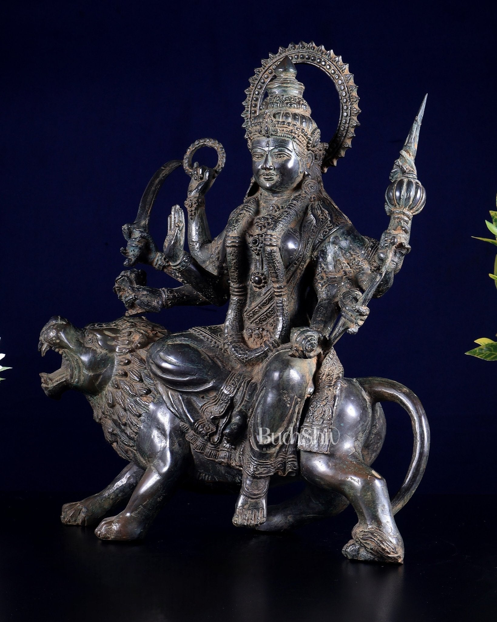 Bronze Goddess Durga on lion Sculpture 13.5" - Budhshiv.com