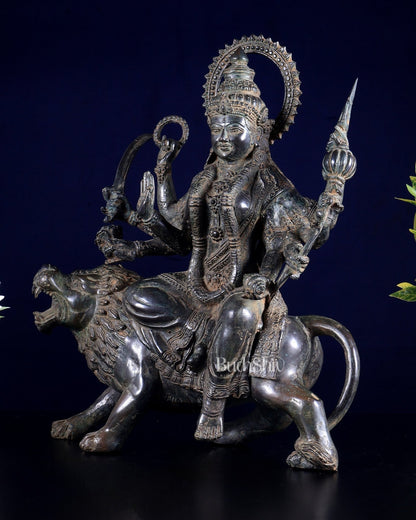 Bronze Goddess Durga on lion Sculpture 13.5" - Budhshiv.com