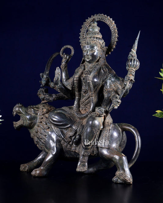 Bronze Goddess Durga on lion Sculpture 13.5" - Budhshiv.com