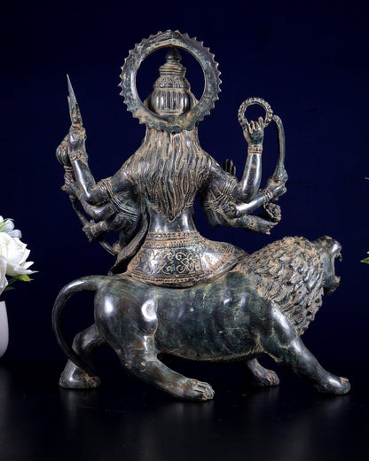 Bronze Goddess Durga on lion Sculpture 13.5" - Budhshiv.com