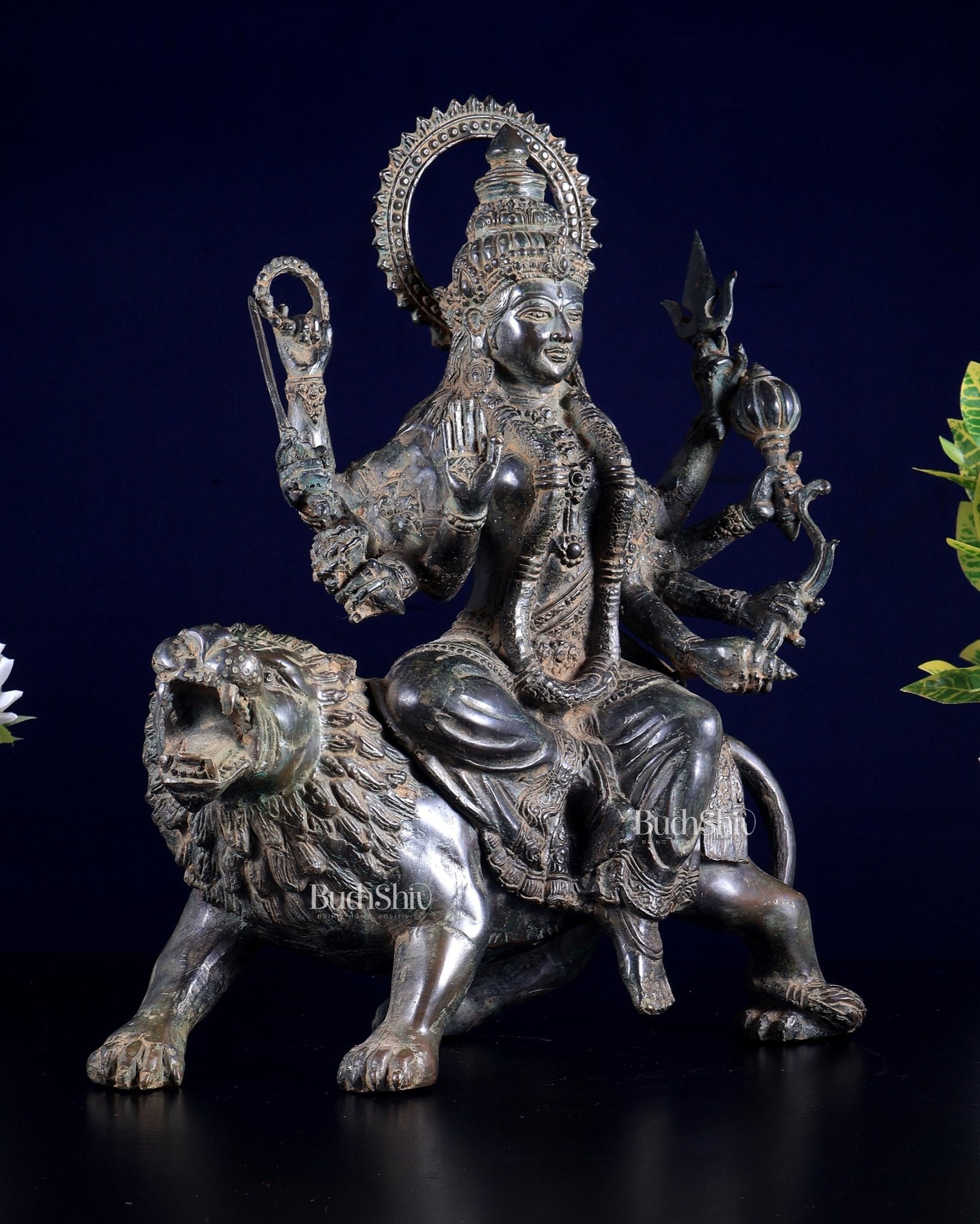 Bronze Goddess Durga on lion Sculpture 13.5" - Budhshiv.com