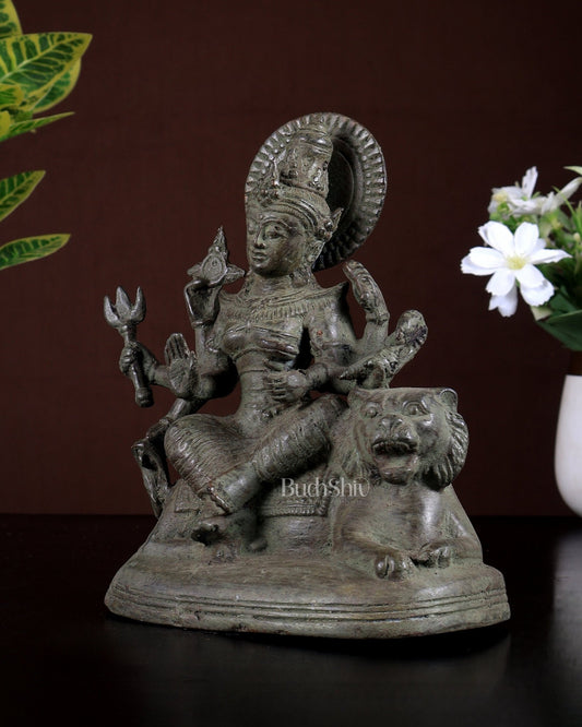 Bronze Goddess Durga Seated on Lion – Balinese Casting | Museum Grade Collectible 7 inch - Budhshiv.com