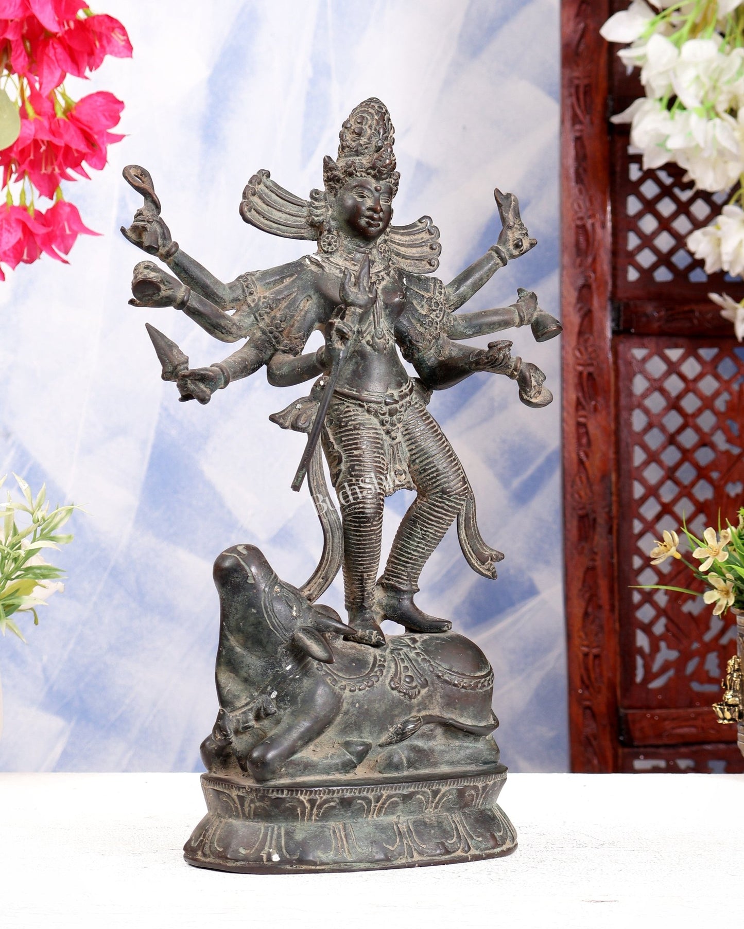 Bronze Goddess Durga Statue | Lost Wax Casting | 13" - Budhshiv.com