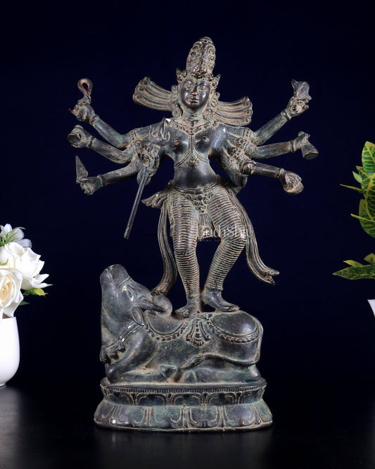 Bronze Goddess Durga Statue | Lost Wax Casting | 13" - Budhshiv.com