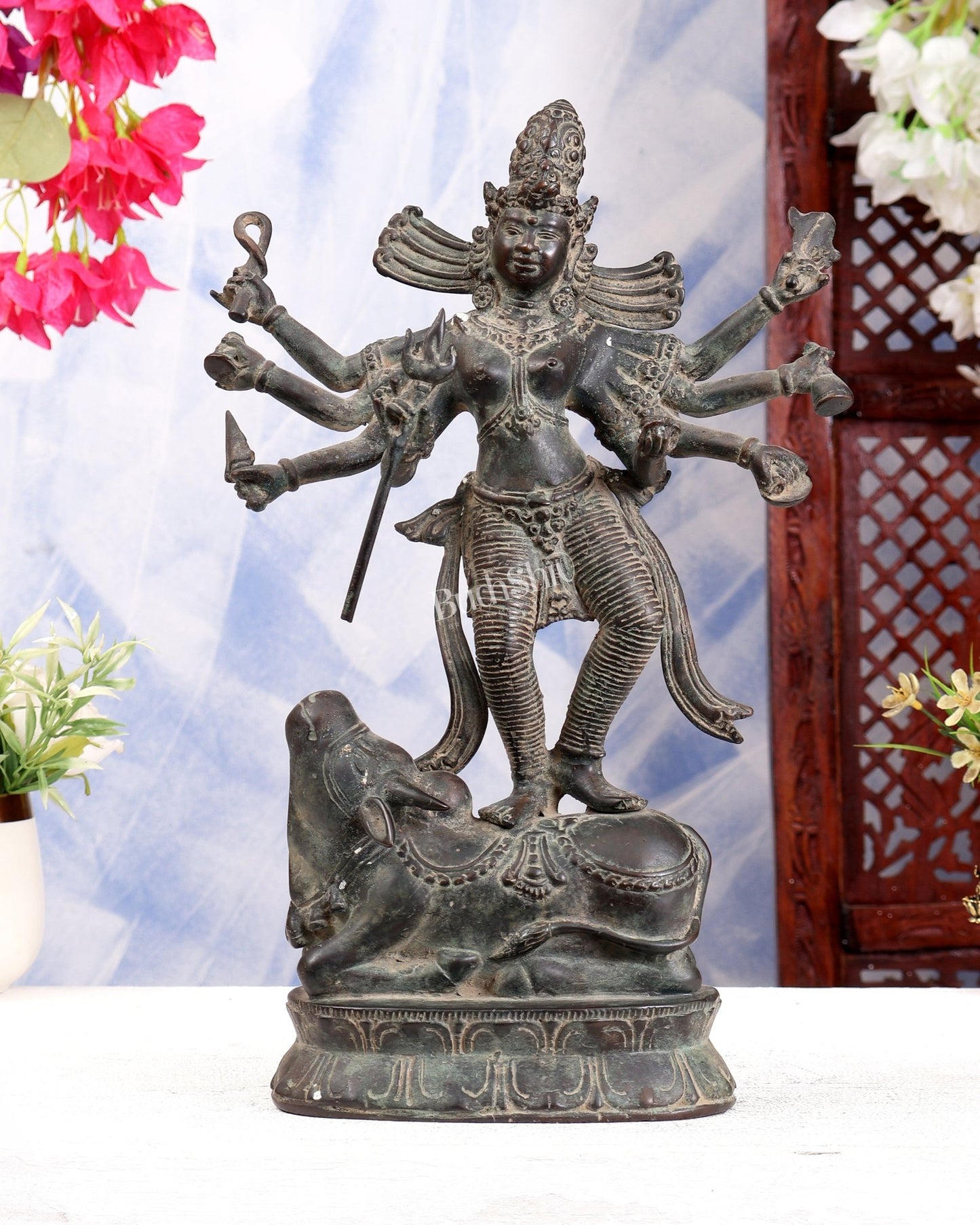 Bronze Goddess Durga Statue | Lost Wax Casting | 13" - Budhshiv.com