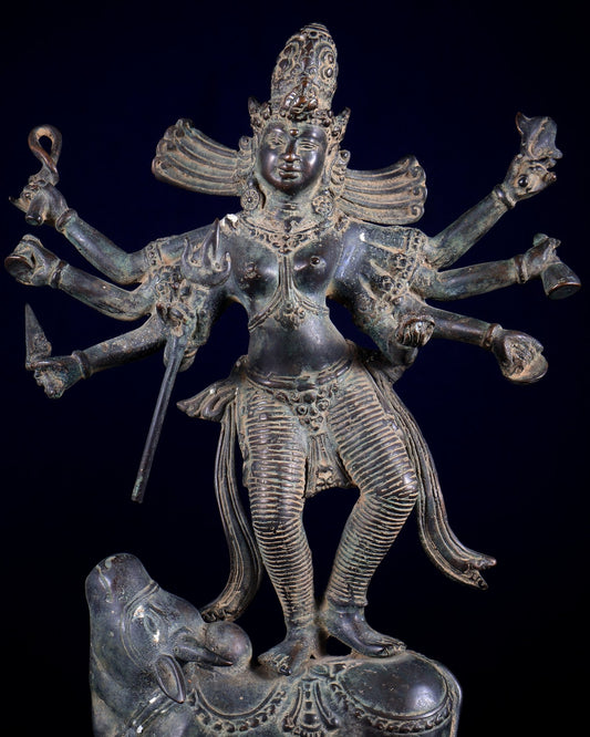 Bronze Goddess Durga Statue | Lost Wax Casting | 13" - Budhshiv.com