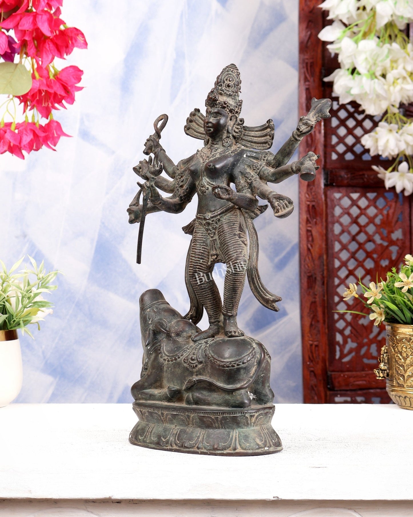 Bronze Goddess Durga Statue | Lost Wax Casting | 13" - Budhshiv.com