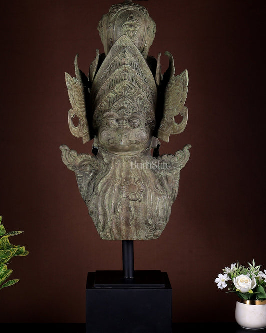 Bronze Goddess Lakshmi Face Bust With Garuda on Wooden Base | Indonesian Art Sculpture 36 Inch - Budhshiv.com