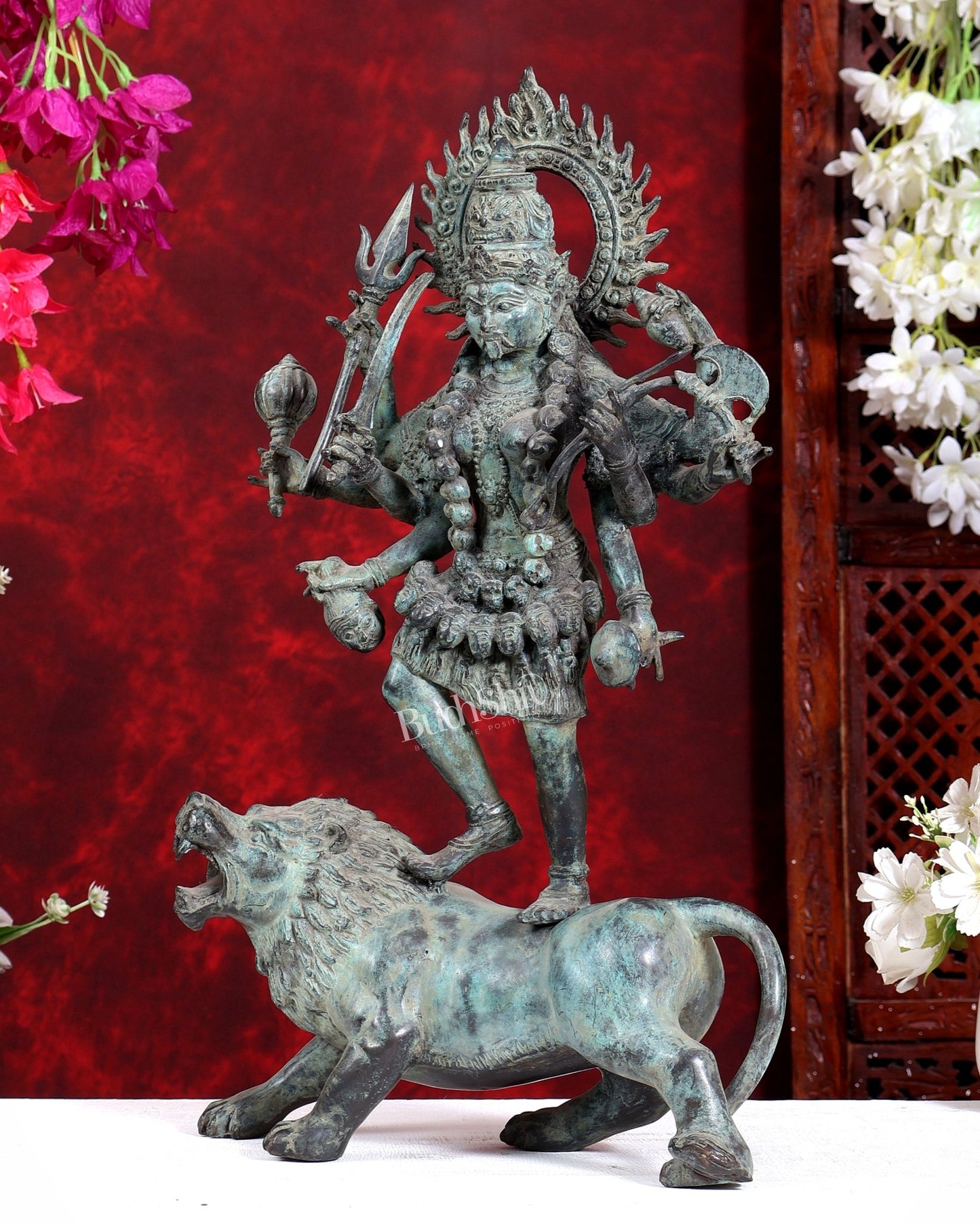 Bronze Kali ma Standing on Lion Sculpture – 18.5 inch - Budhshiv.com