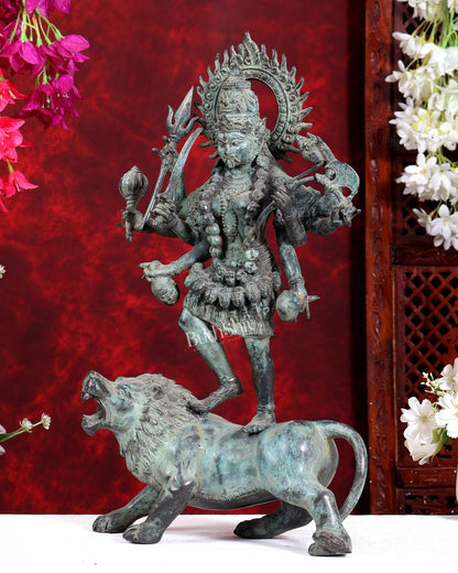 Bronze Kali ma Standing on Lion Sculpture – 18.5 inch - Budhshiv.com