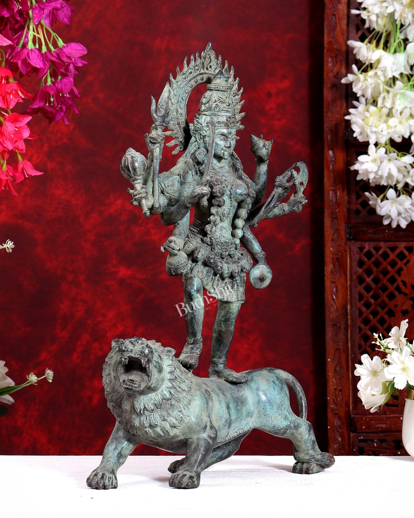 Bronze Kali ma Standing on Lion Sculpture – 18.5 inch - Budhshiv.com