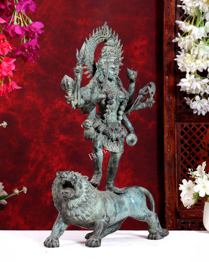 Bronze Kali ma Standing on Lion Sculpture – 18.5 inch - Budhshiv.com