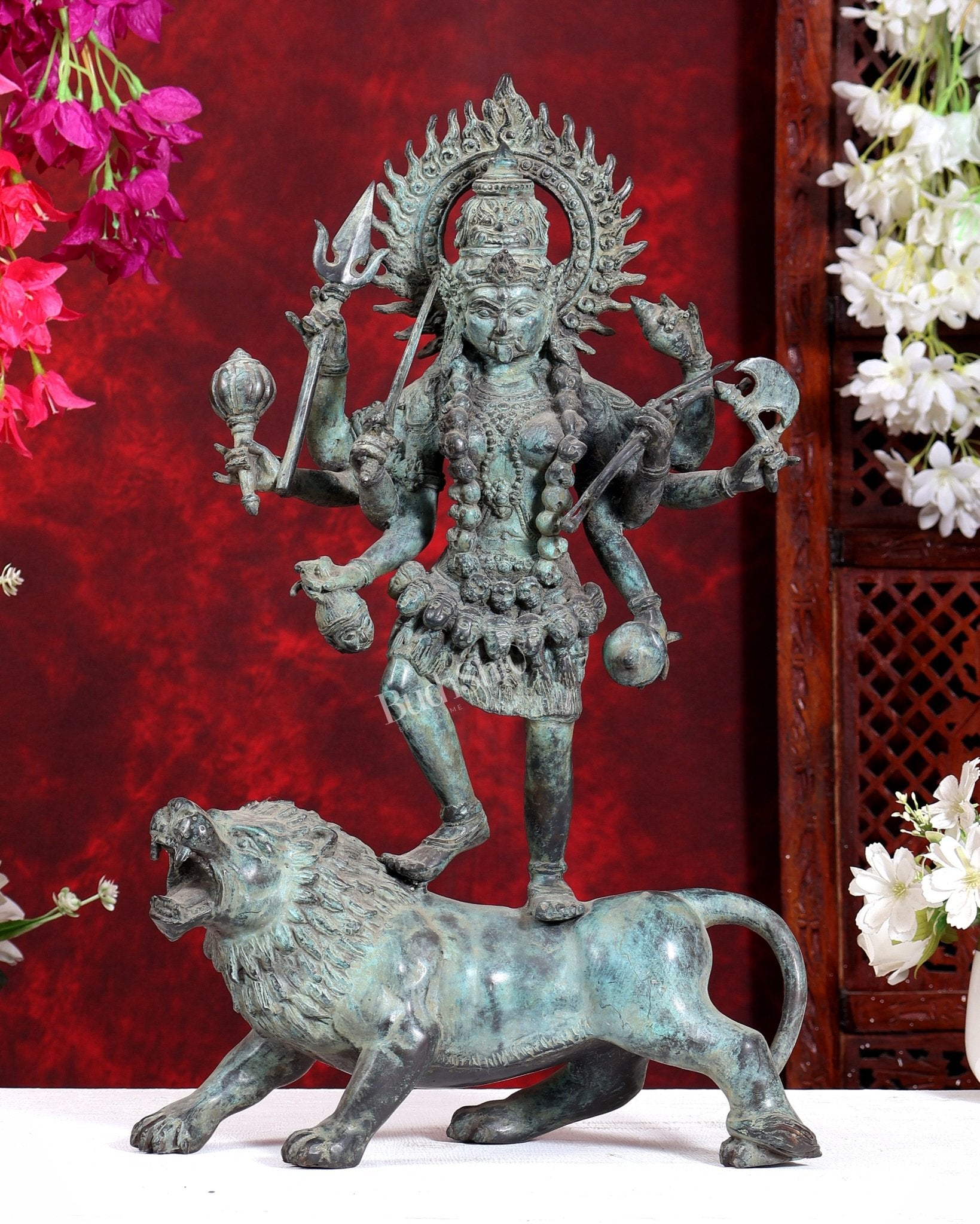 Bronze Kali ma Standing on Lion Sculpture – 18.5 inch - Budhshiv.com