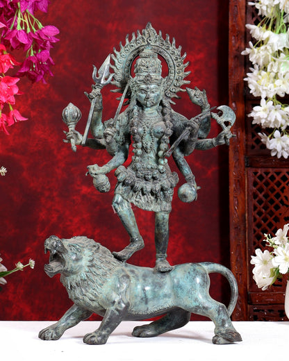 Bronze Kali ma Standing on Lion Sculpture – 18.5 inch - Budhshiv.com
