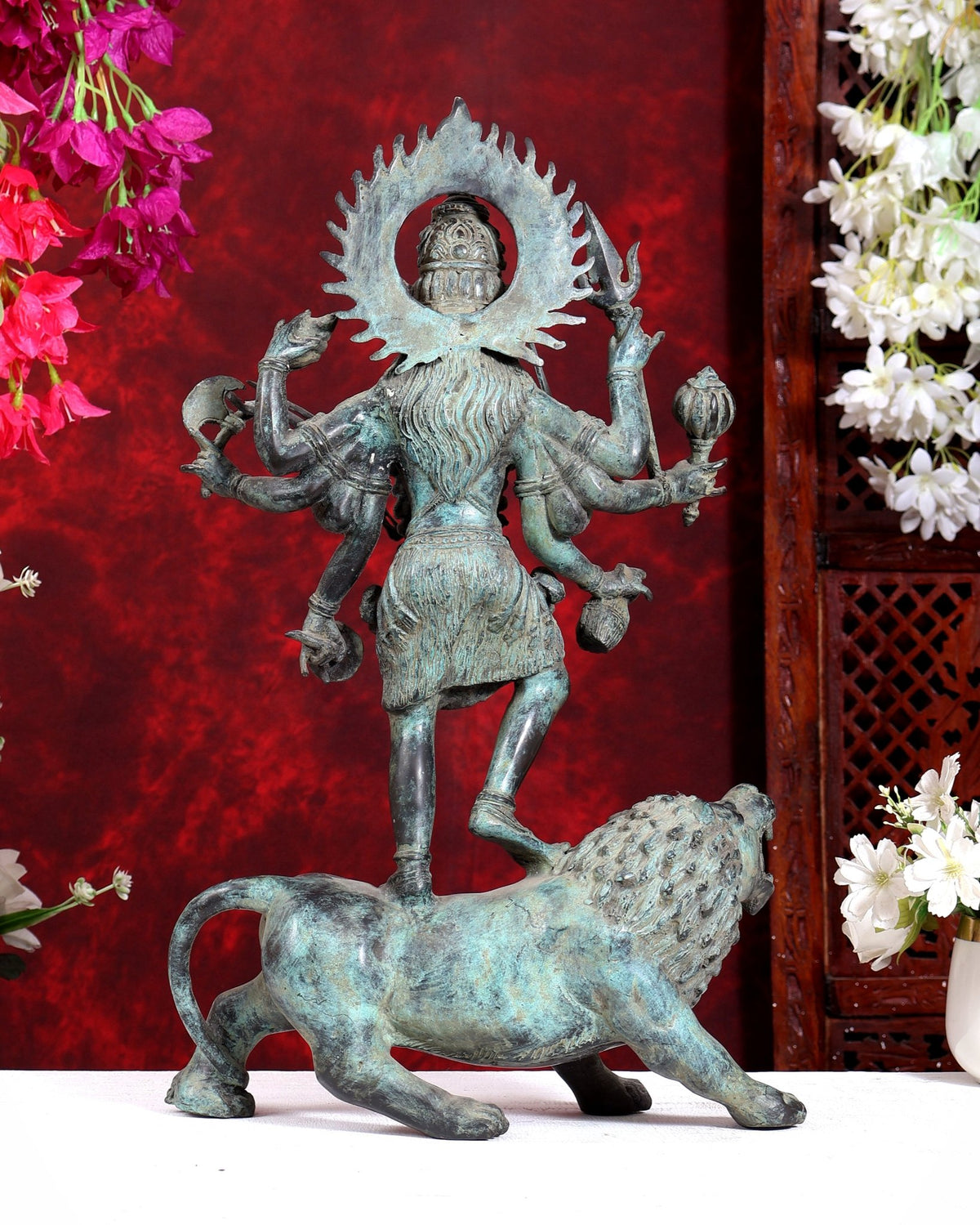Bronze Kali ma Standing on Lion Sculpture – 18.5 inch - Budhshiv.com