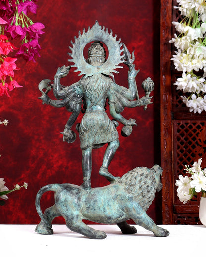 Bronze Kali ma Standing on Lion Sculpture – 18.5 inch - Budhshiv.com