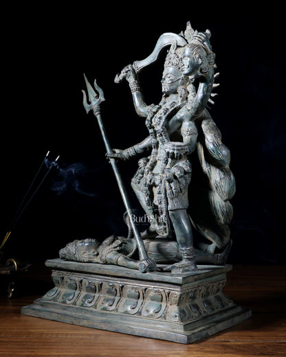 Bronze Kali Standing on Shiva | Indonesian Sculpture – 15.5" - Budhshiv.com
