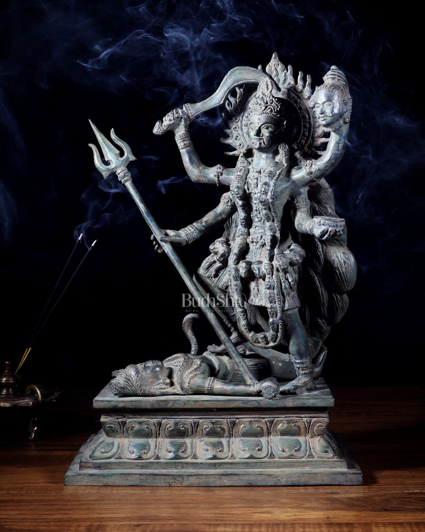 Bronze Kali Standing on Shiva | Indonesian Sculpture – 15.5" - Budhshiv.com