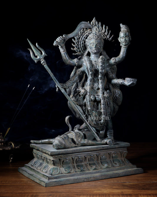 Bronze Kali Standing on Shiva | Indonesian Sculpture – 15.5" - Budhshiv.com