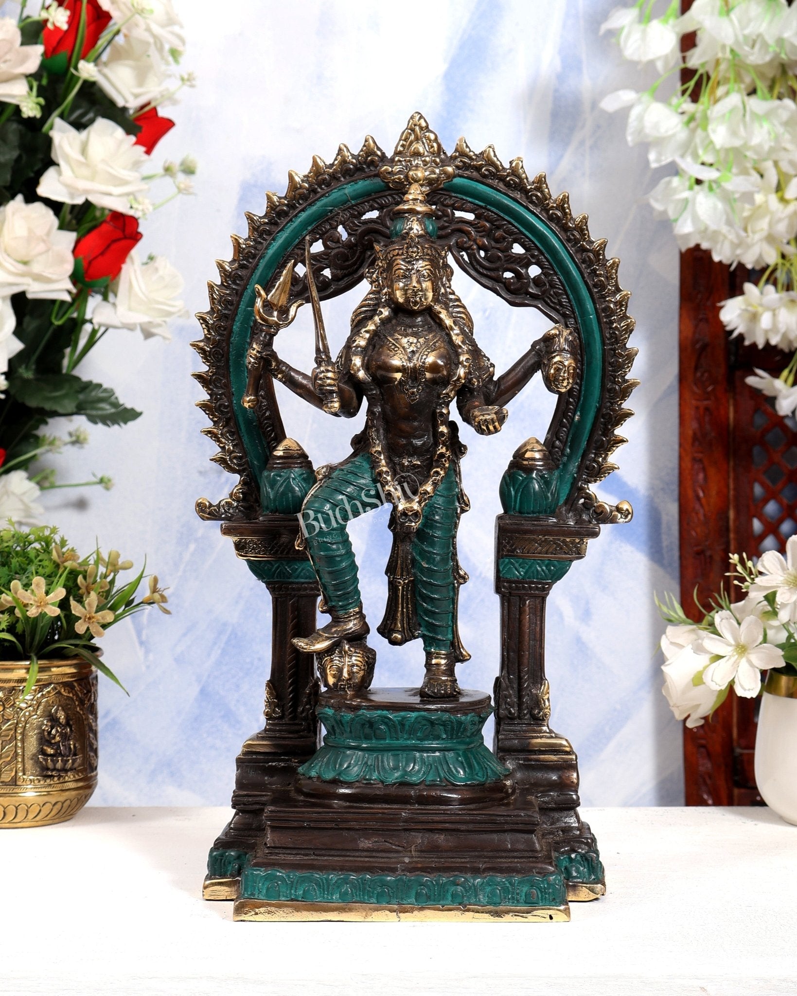 Bronze Kali Statue with 4 Arms & Temple Arch | Pure Bronze Goddess Kali Sculpture 14.5 inch green black tone - Budhshiv.com
