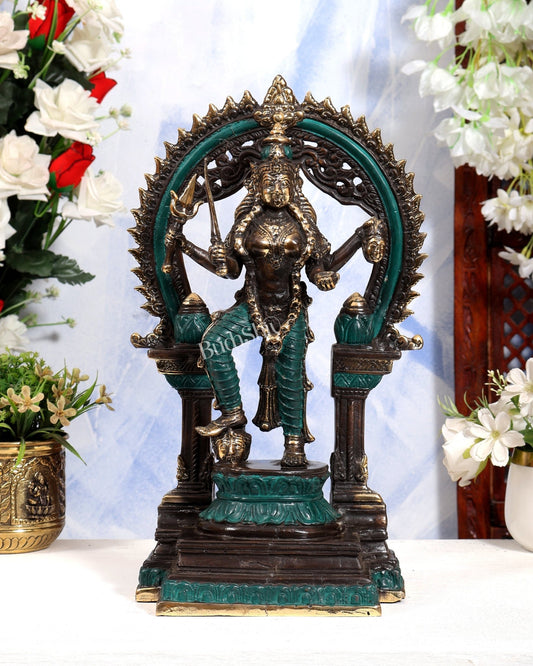 Bronze Kali Statue with 4 Arms & Temple Arch | Pure Bronze Goddess Kali Sculpture 14.5 inch green black tone - Budhshiv.com