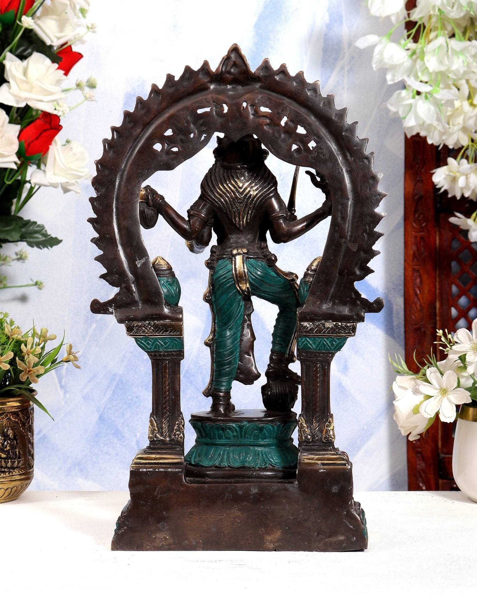Bronze Kali Statue with 4 Arms & Temple Arch | Pure Bronze Goddess Kali Sculpture 14.5 inch green black tone - Budhshiv.com