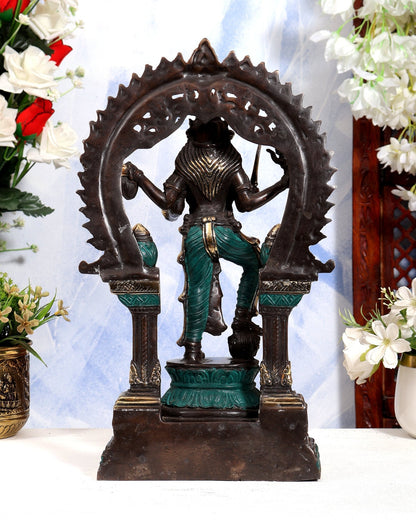 Bronze Kali Statue with 4 Arms & Temple Arch | Pure Bronze Goddess Kali Sculpture 14.5 inch green black tone - Budhshiv.com