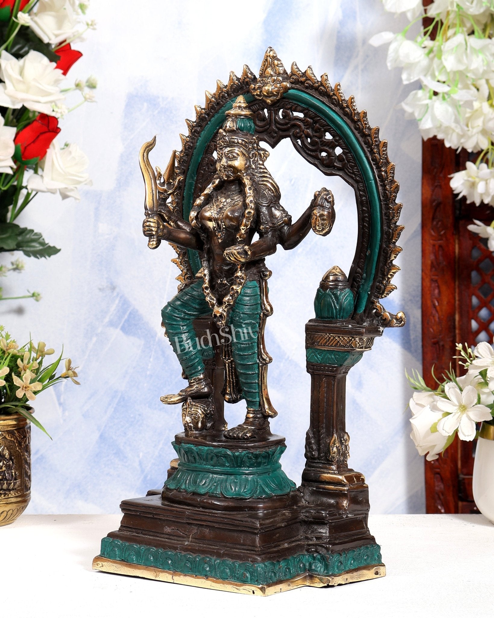 Bronze Kali Statue with 4 Arms & Temple Arch | Pure Bronze Goddess Kali Sculpture 14.5 inch green black tone - Budhshiv.com