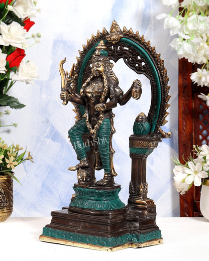 Bronze Kali Statue with 4 Arms & Temple Arch | Pure Bronze Goddess Kali Sculpture 14.5 inch green black tone - Budhshiv.com