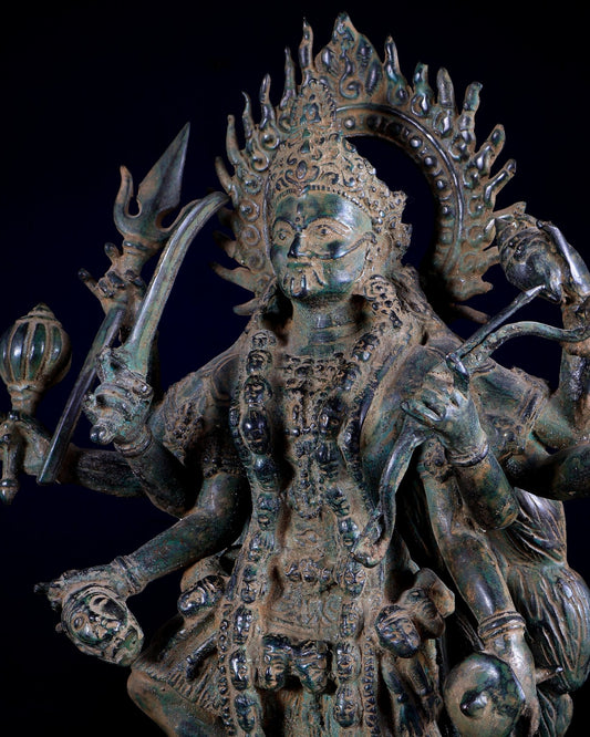 Bronze Kali with eight arms Standing on Shiva | Indonesian Sculpture – 15.5" - Budhshiv.com