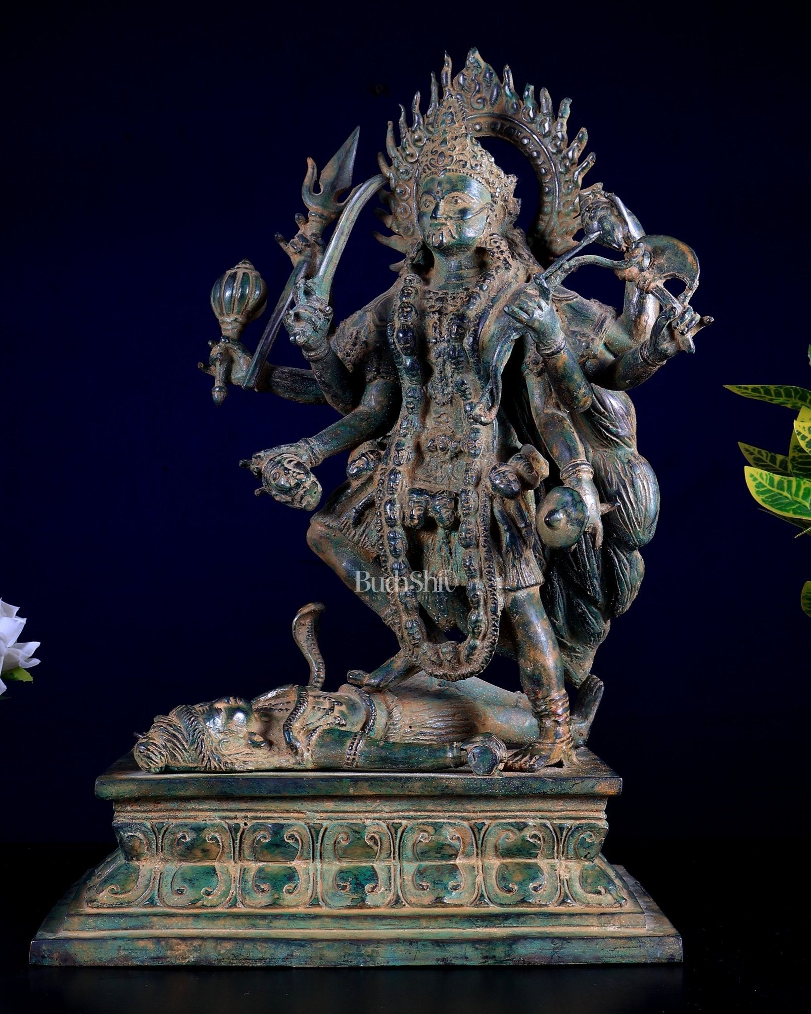 Bronze Kali with eight arms Standing on Shiva | Indonesian Sculpture – 15.5" - Budhshiv.com