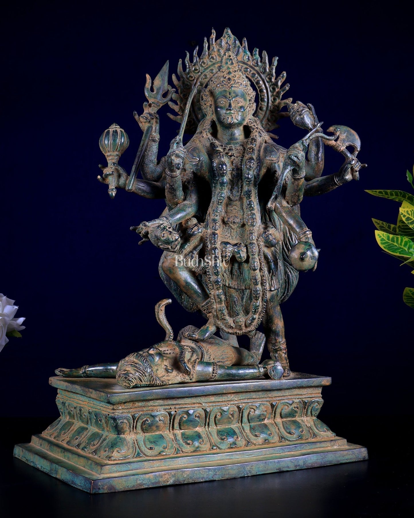 Bronze Kali with eight arms Standing on Shiva | Indonesian Sculpture – 15.5" - Budhshiv.com