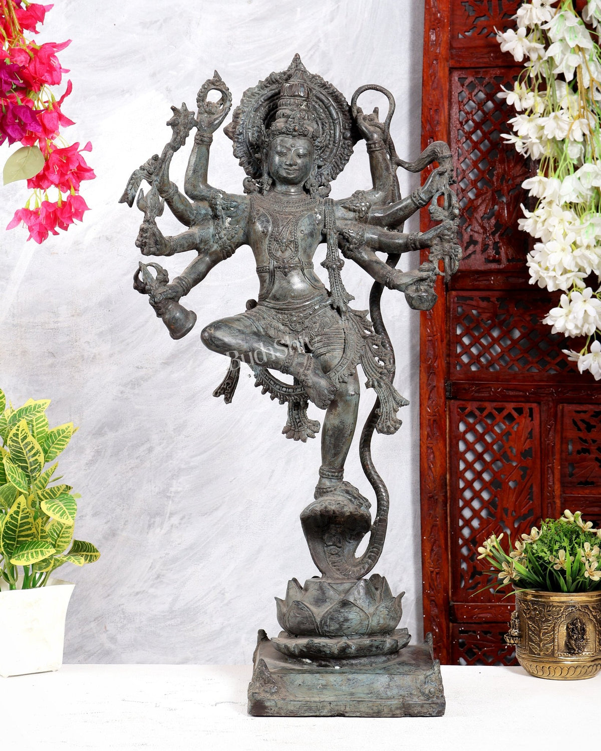 Bronze Krishna dancing on Kaliya Naag Sculpture – 25" lost wax cast - Budhshiv.com