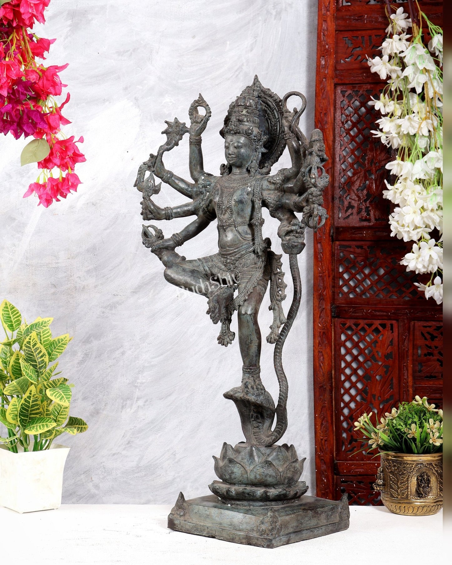 Bronze Krishna dancing on Kaliya Naag Sculpture – 25" lost wax cast - Budhshiv.com