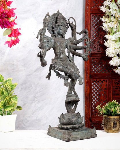 Bronze Krishna dancing on Kaliya Naag Sculpture – 25" lost wax cast - Budhshiv.com