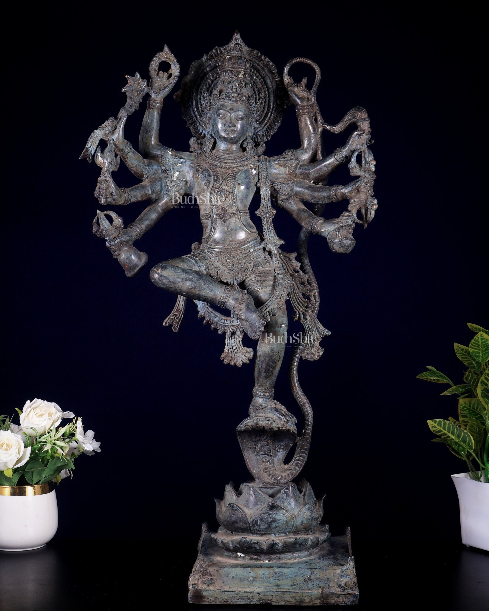 Bronze Krishna dancing on Kaliya Naag Sculpture – 25" lost wax - Budhshiv.com