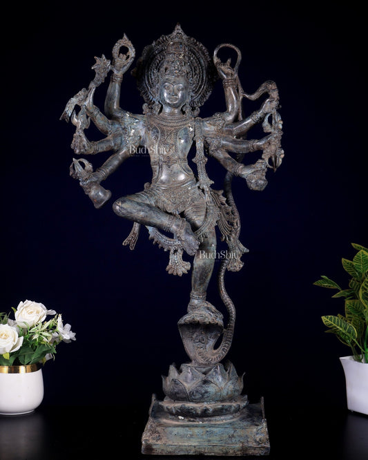 Bronze Krishna dancing on Kaliya Naag Sculpture – 25" lost wax - Budhshiv.com