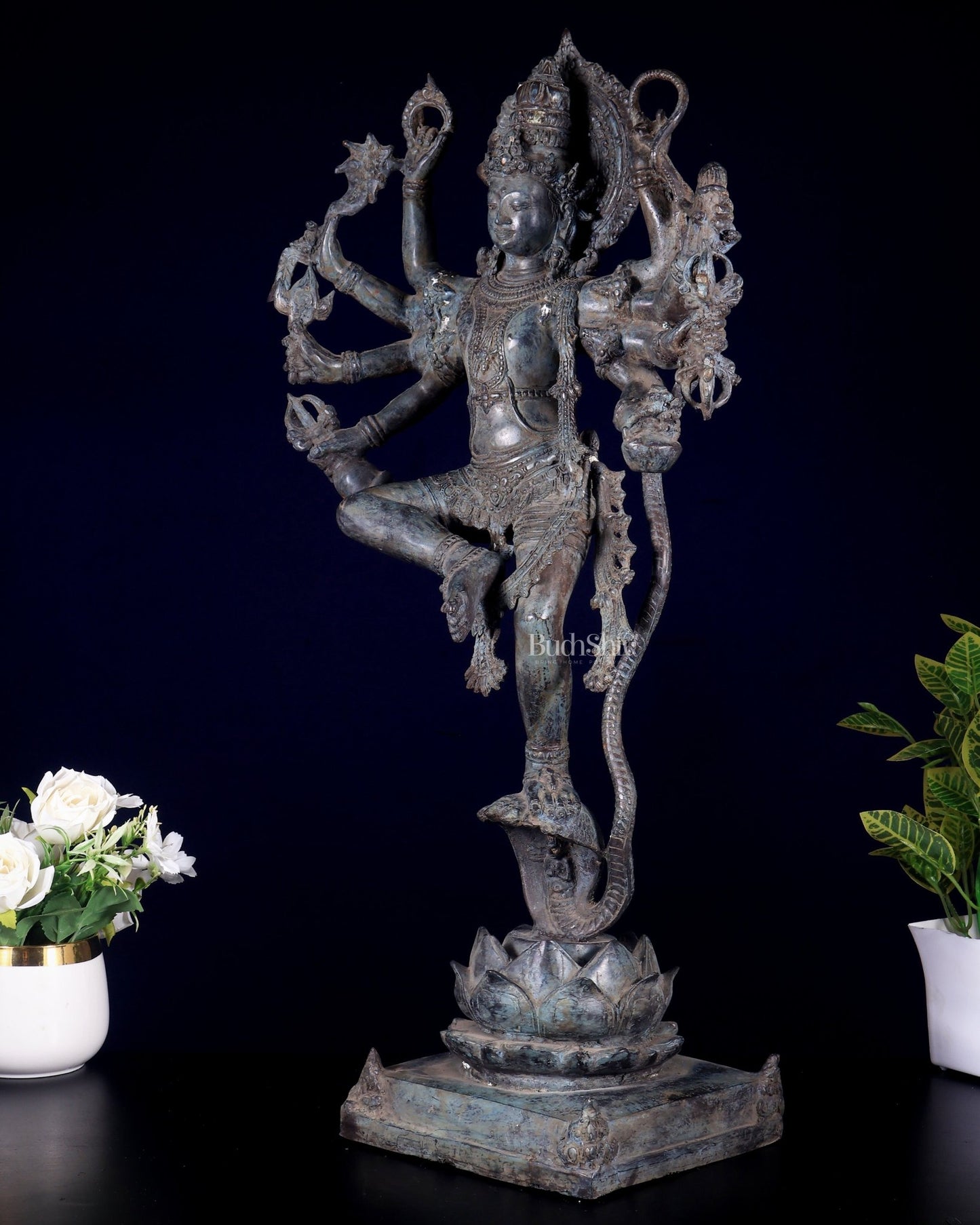 Bronze Krishna dancing on Kaliya Naag Sculpture – 25" lost wax - Budhshiv.com