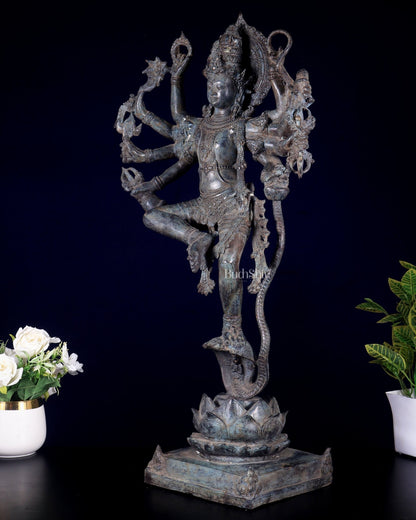 Bronze Krishna dancing on Kaliya Naag Sculpture – 25" lost wax - Budhshiv.com