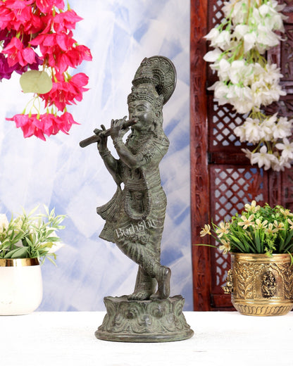 Bronze Krishna Statue – Antique Patina Indonesian Style 13.5 inch - Budhshiv.com