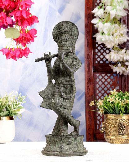 Bronze Krishna Statue – Antique Patina Indonesian Style 13.5 inch - Budhshiv.com