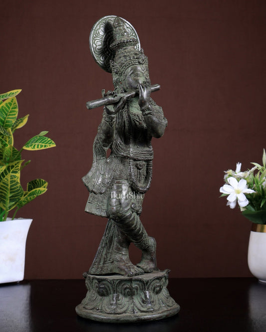 Bronze Krishna Statue – Antique Patina Indonesian Style 13.5 inch - Budhshiv.com