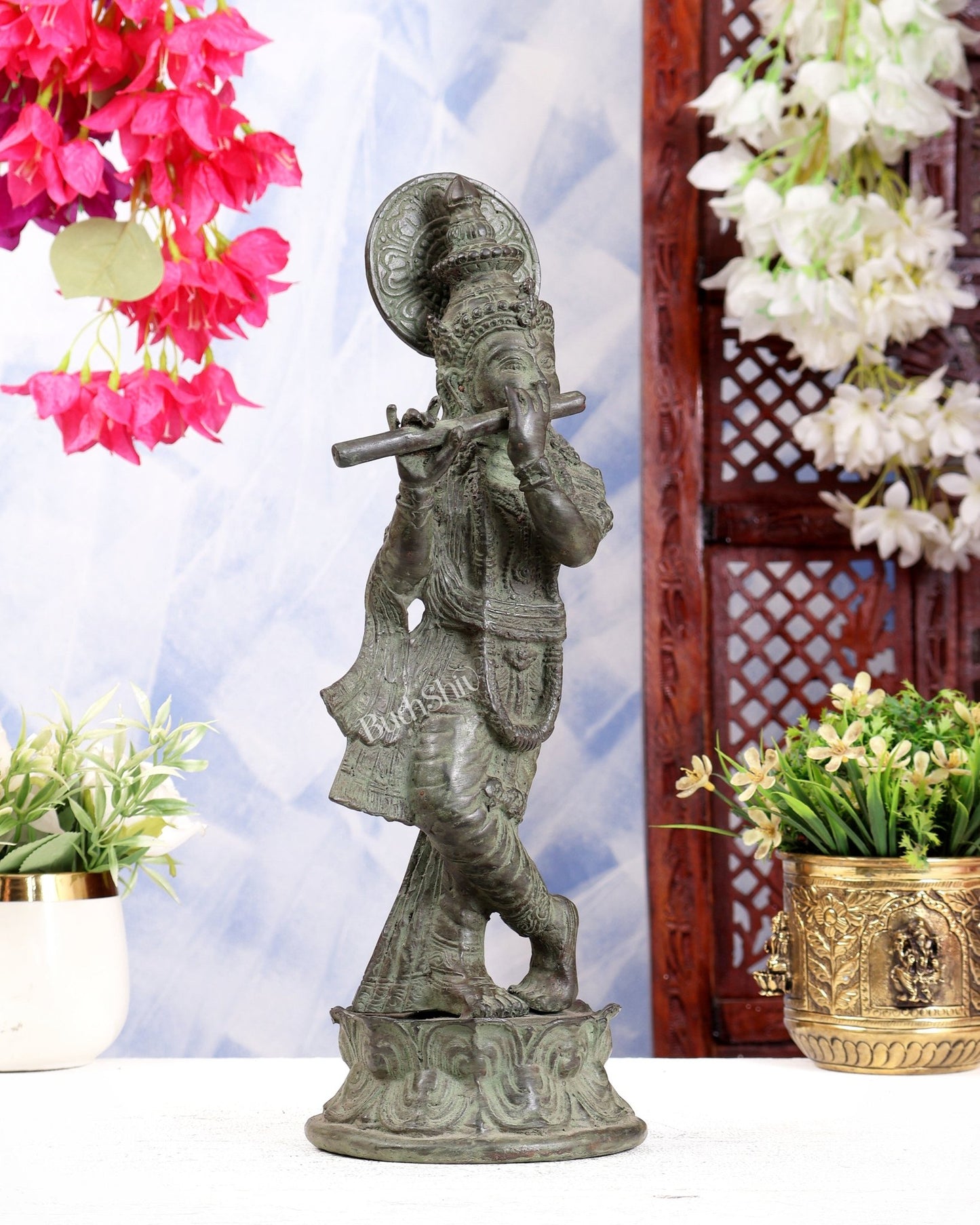 Bronze Krishna Statue – Antique Patina Indonesian Style 13.5 inch - Budhshiv.com