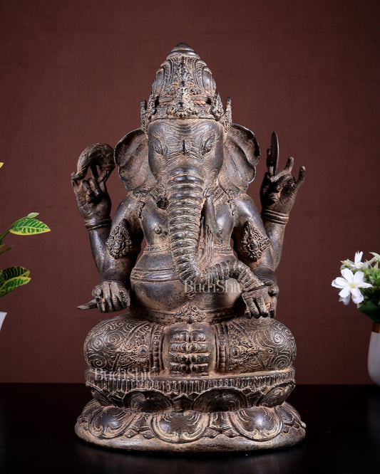 Bronze Lord Ganesha Seated Sculpture | 15 Inch Lost Wax Casting | 7 Kg Museum Style Idol - Budhshiv.com