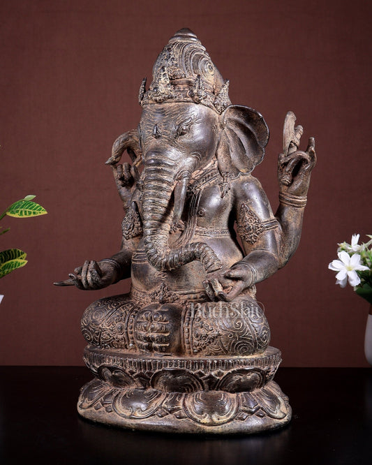 Bronze Lord Ganesha Seated Sculpture | 15 Inch Lost Wax Casting | 7 Kg Museum Style Idol - Budhshiv.com