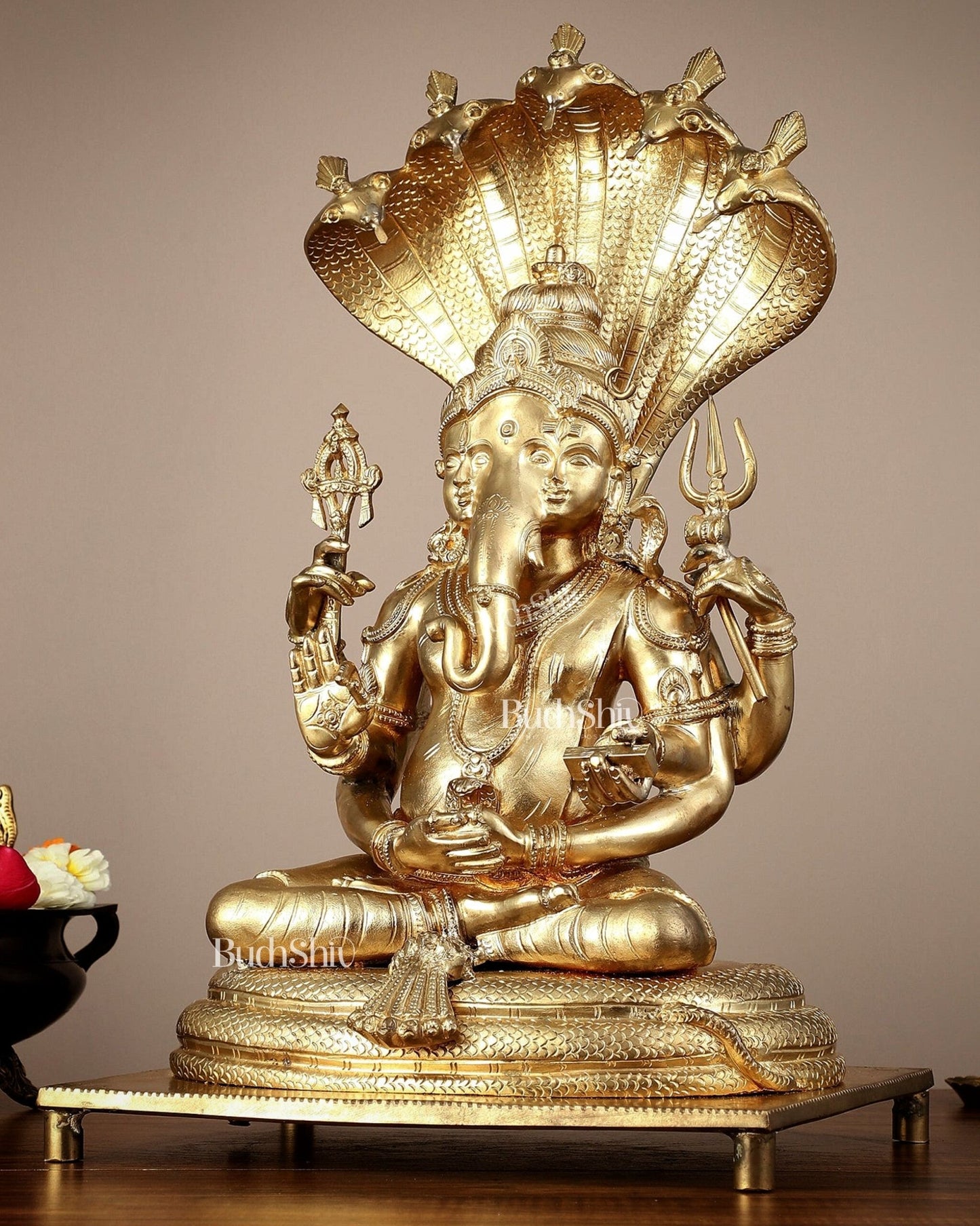 Bronze Lord Ganesha with Shiva and Parvati Idol - 18.5" panchaloha sculpture - Budhshiv.com