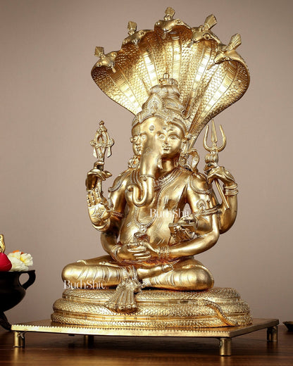 Bronze Lord Ganesha with Shiva and Parvati Idol - 18.5" panchaloha sculpture - Budhshiv.com