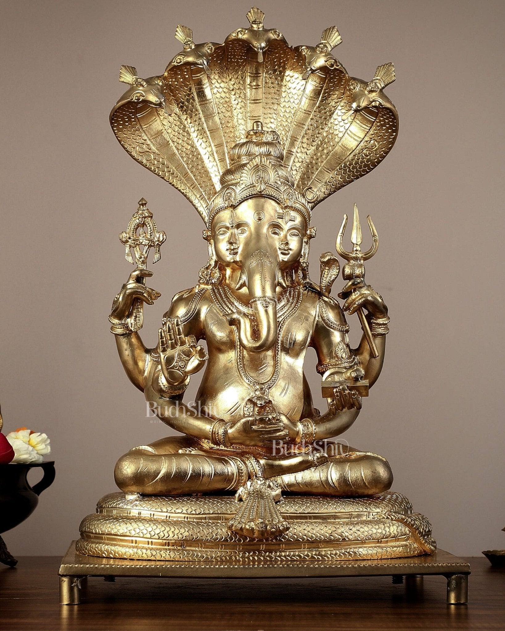 Bronze Lord Ganesha with Shiva and Parvati Idol - 18.5" panchaloha sculpture - Budhshiv.com