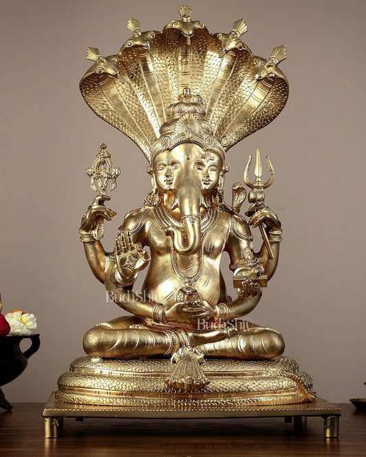 Bronze Lord Ganesha with Shiva and Parvati Idol - 18.5" panchaloha sculpture - Budhshiv.com