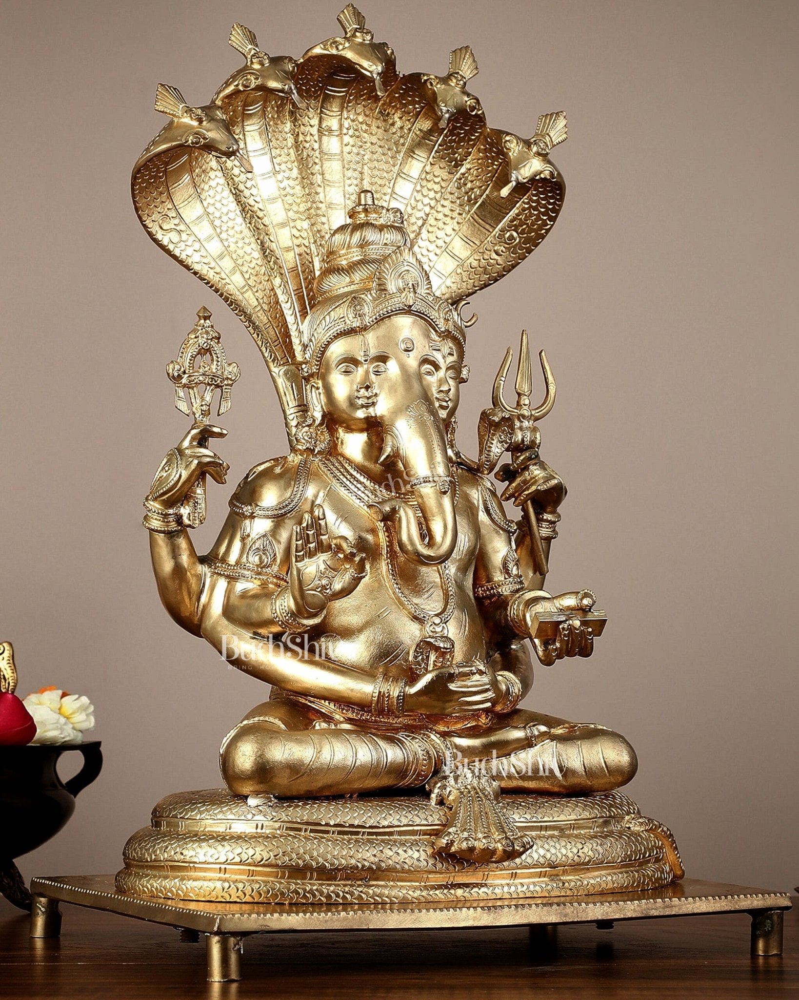 Bronze Lord Ganesha with Shiva and Parvati Idol - 18.5" panchaloha sculpture - Budhshiv.com